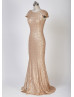 Cap Sleeves Champagne Sequin V Back Affordable Bridesmaid Dress